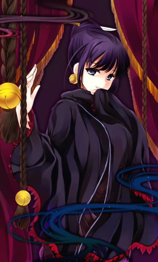 juna, original, bad id, bad pixiv id, 1girl, bell, black eyes, cable, cape, curtains, female focus, hair bun, jingle bell, purple hair, rope, single hair bun, solo