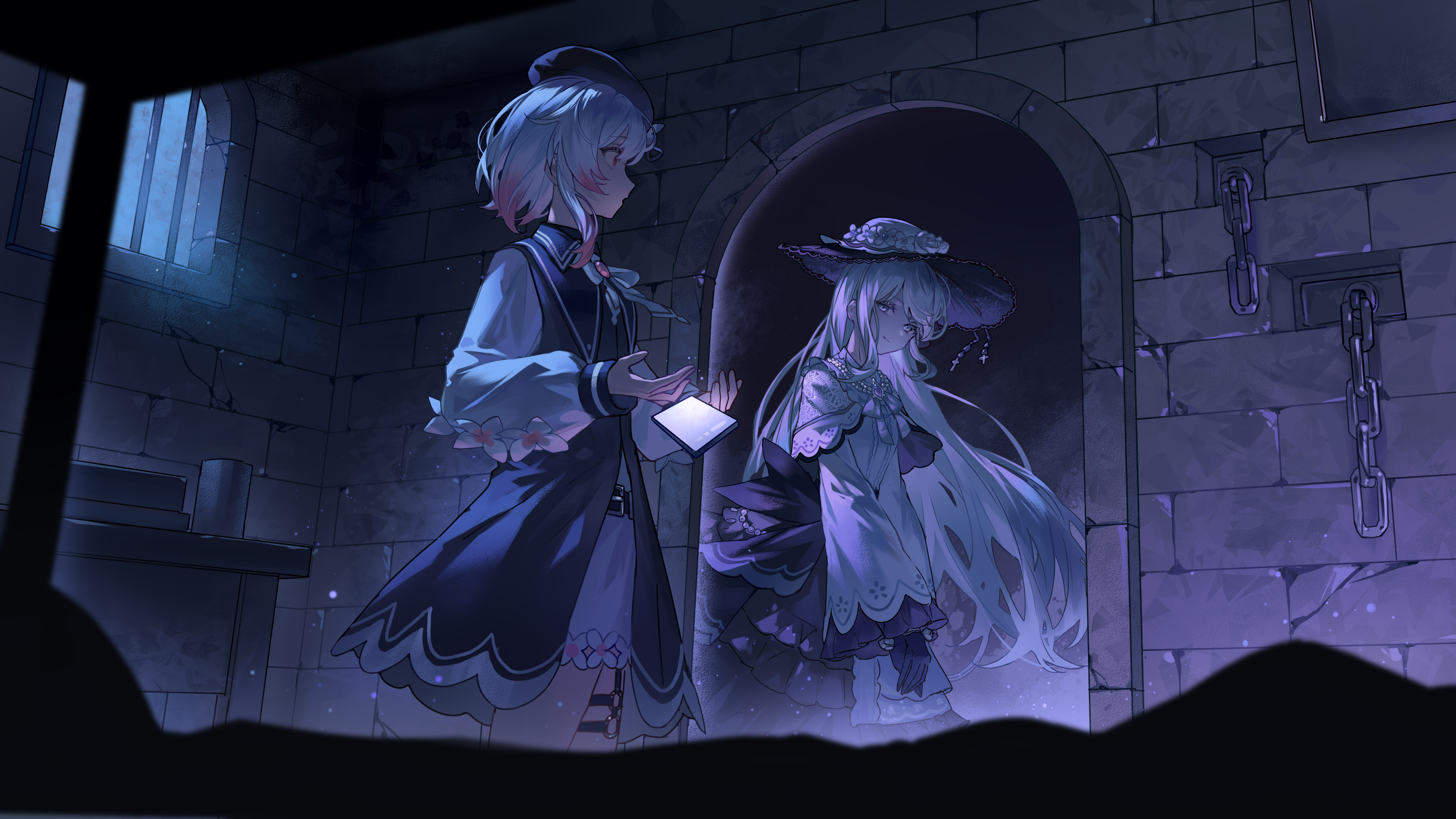 sakuraba ema, mahou shoujo no majo saiban, absurdres, artist request, chinese commentary, commentary request, commission, highres, second-party source, spoilers, 2girls, beret, black dress, black gloves, black hat, cellphone, chain, closed mouth, dark room, different reflection, dress, dropping, feet out of frame, flower, frilled dress, frilled sleeves, frills, full-length mirror, gloves, gradient hair, hair flower, hair ornament, hat, hat flower, indoors, light particles, long hair, long sleeves, looking at another, looking at mirror, magical girl, mirror, multicolored hair, multiple girls, night, own hands together, phone, pink eyes, pink hair, prison cell, reflection, short hair, smartphone, smile, standing, table, tsukishiro yuki, white flower, white hair, white hat, window