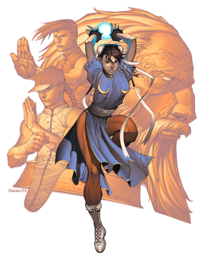 chris stevens, udon entertainment, chun-li, gen (street fighter), yang lee, yun lee, capcom, street fighter, street fighter iii (series), 1girl, 3boys, aura, bun cover, china dress, chinese clothes, double bun, dress, multiple boys, pantyhose, pelvic curtain