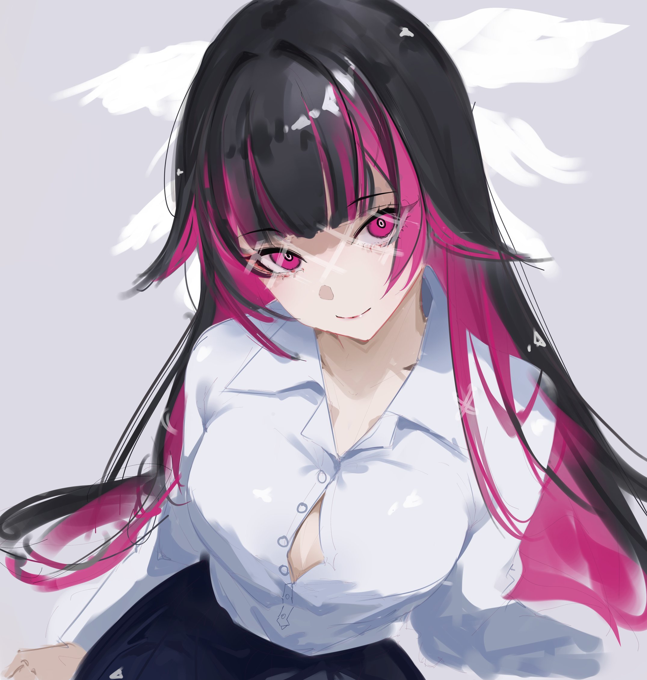uru sraguna, columbina (genshin impact), genshin impact, commentary, highres, 1girl, black hair, breasts, button gap, collared shirt, colored inner hair, eye mask, from above, long hair, long sleeves, medium breasts, multicolored hair, partially unbuttoned, pink eyes, pink hair, shirt, smile, solo, white shirt