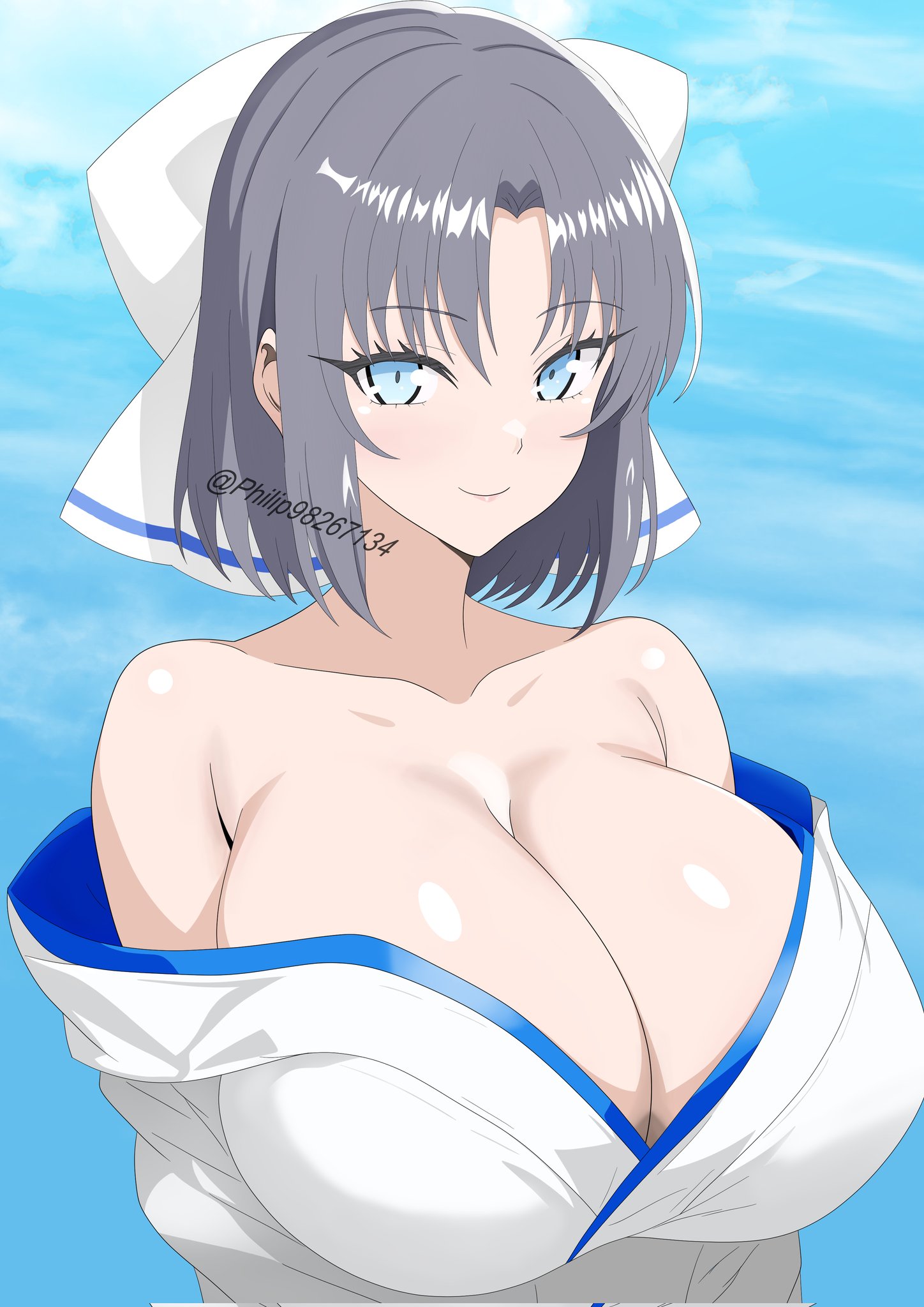 philip98267134, yumi (senran kagura), senran kagura, highres, 1girl, blue eyes, blush, breasts, cleavage, closed mouth, eyebrows hidden by hair, from side, grey hair, hair ribbon, japanese clothes, kimono, large breasts, light blush, looking at viewer, medium hair, ribbon, smile, solo, white kimono, white ribbon