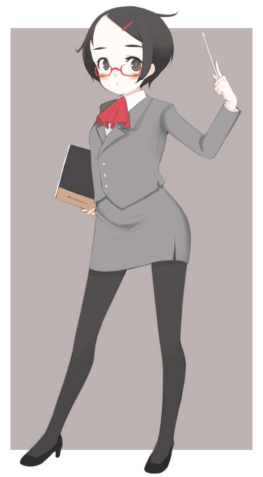 oza watto, original, 1girl, black eyes, black hair, blush, book, female focus, forehead, formal clothes, glasses, hair ornament, hairclip, pantyhose, pencil skirt, short hair, simple background, skirt, skirt suit, solo, suit, teacher