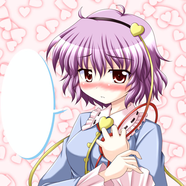 bococho, komeiji satori, touhou, 1girl, blank speech bubble, blush, female focus, hairband, heart, pink hair, purple hair, red eyes, solo, speech bubble