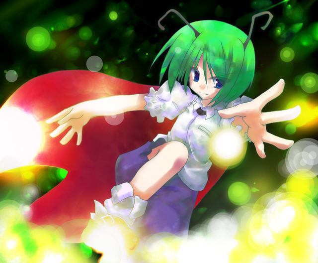 fuji tooya, fuji toya, wriggle nightbug, touhou, 1girl, antennae, bug, female focus, fireflies, firefly, green hair, short hair, solo