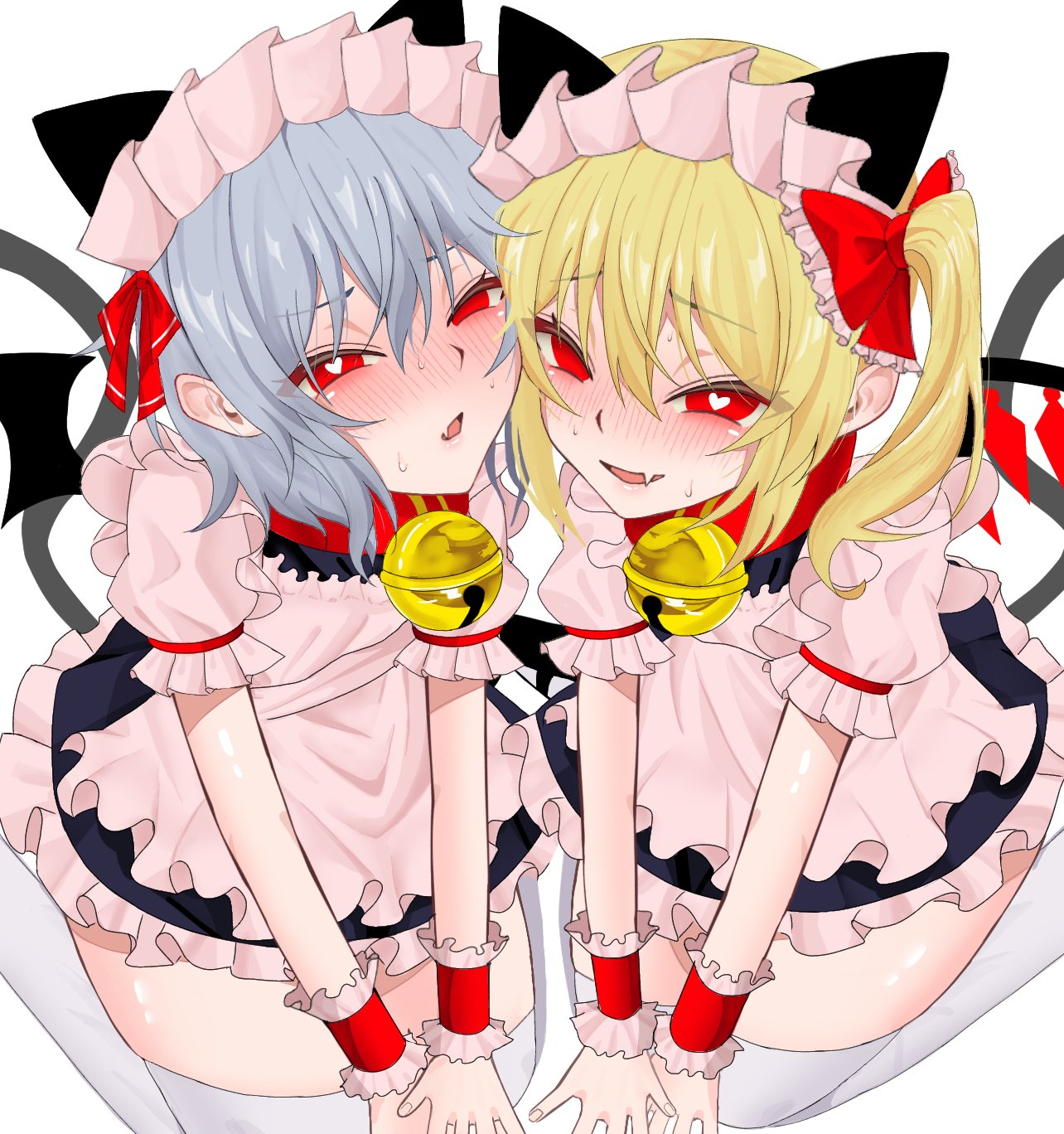 flandre scarlet, remilia scarlet, touhou, commentary request, highres, 2girls, alternate costume, animal collar, animal ears, apron, bat wings, bell, blonde hair, blue dress, blue hair, blush, bow, cat ears, cat tail, chestnut mouth, collar, crystal wings, dress, enmaided, fake animal ears, fake tail, fang, fingernails, frilled bow, frilled sleeves, frilled wrist cuffs, frills, hair bow, half-closed eyes, heart, heart-shaped pupils, jingle bell, kneeling, looking at viewer, maid, maid apron, maid headdress, multiple girls, nori 01216, nose blush, open mouth, puffy short sleeves, puffy sleeves, red bow, red collar, red eyes, red ribbon, red wrist cuffs, ribbon, short hair, short sleeves, side ponytail, skin fang, sleeve ribbon, smile, sweat, symbol-shaped pupils, tail, thighhighs, white background, white thighhighs, wings, wrist cuffs