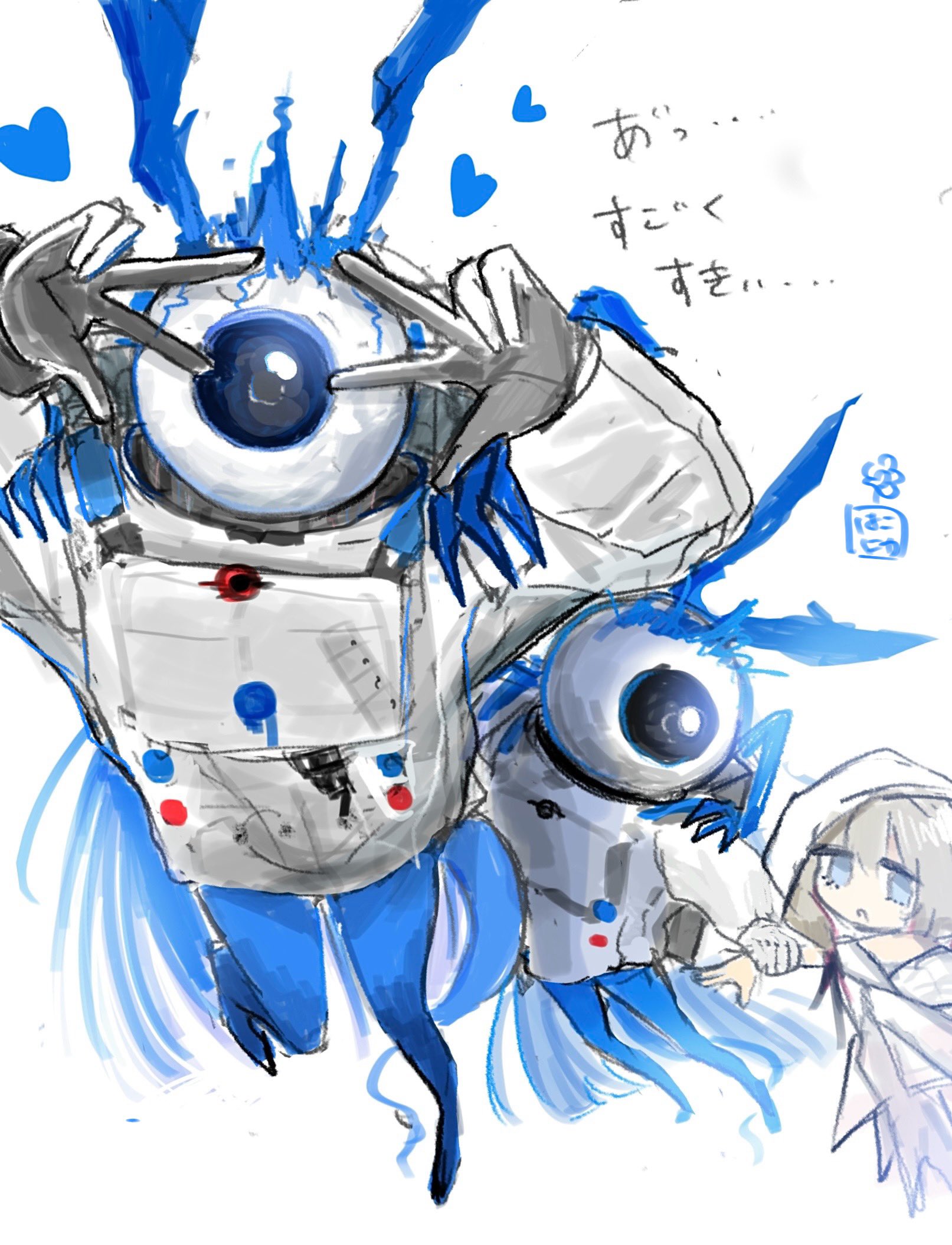 hakoniwashinshi, hierda (arknights), arknights, commentary request, highres, translation request, alien, animal ears, astronaut, blue eyes, brown hair, dress, eyeball, full body, gloves, grey gloves, hair between eyes, hood, hood up, long sleeves, open mouth, rabbit ears, rabbit girl, simple background, spacesuit, the ghost (arknights), white background, white dress