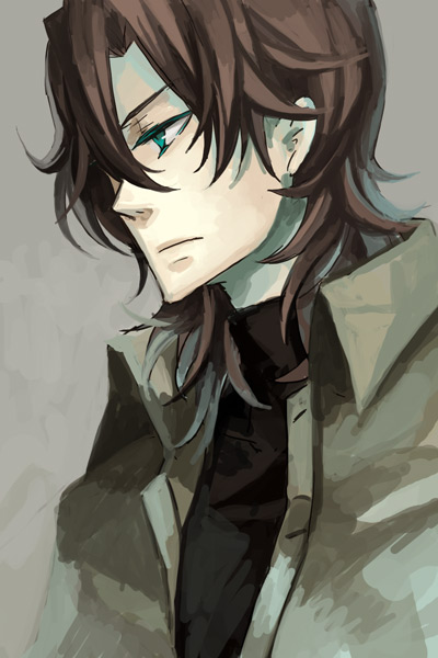 osamu (jagabata), lockon stratos, lyle dylandy, gundam, gundam 00, bad id, bad pixiv id, 00s, brown hair, green eyes, jacket, male focus, solo, turtleneck