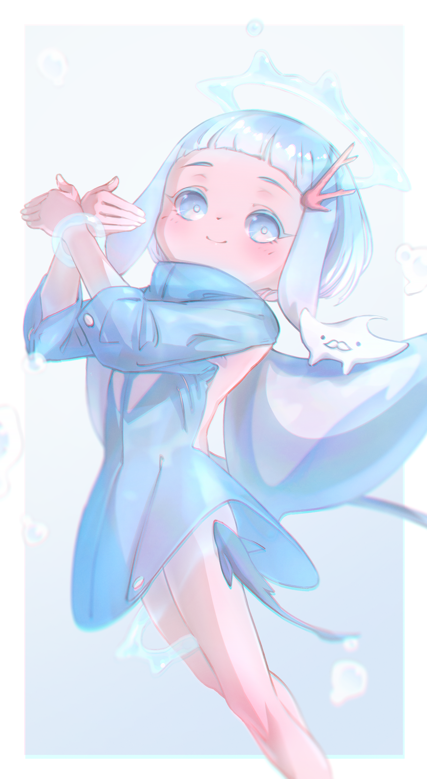 captaintcher, original, absurdres, highres, 1girl, blue eyes, blue hair, blush, creature, dress, fish, halo, looking at viewer, own hands together, short hair, smile, solo