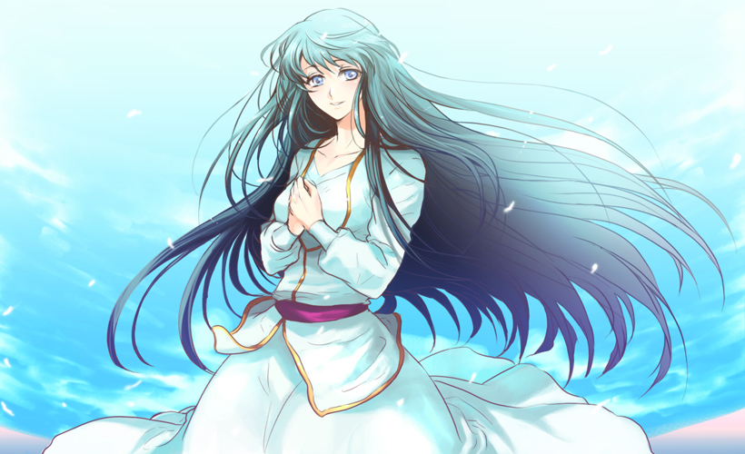 shu karaka, karashi, marina ismail, gundam, gundam 00, 00s, 1girl, belt, blush, brown eyes, collarbone, cowboy shot, dress, female focus, long hair, long sleeves, looking at viewer, own hands together, solo, standing, very long hair, white dress