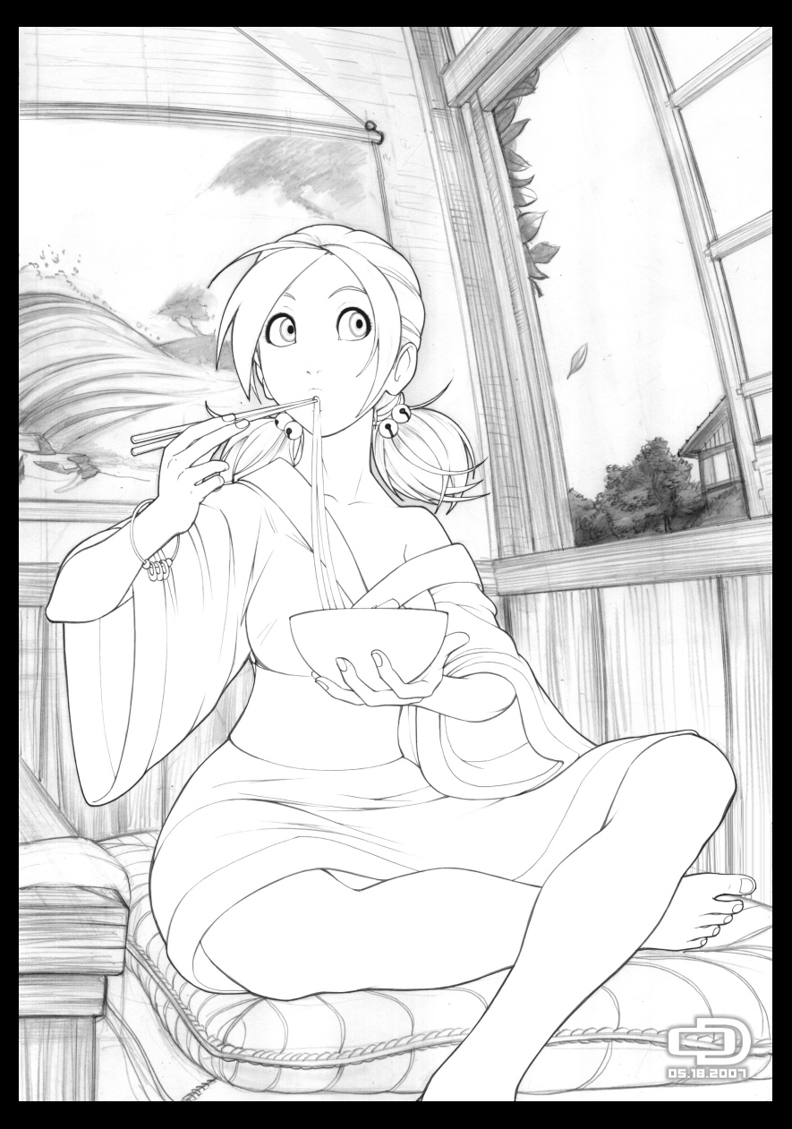 omar dogan, original, highres, 1girl, barefoot, chopsticks, eating, female focus, food, greyscale, indian style, japanese clothes, kimono, lineart, monochrome, noodles, sitting, sketch, solo, udon