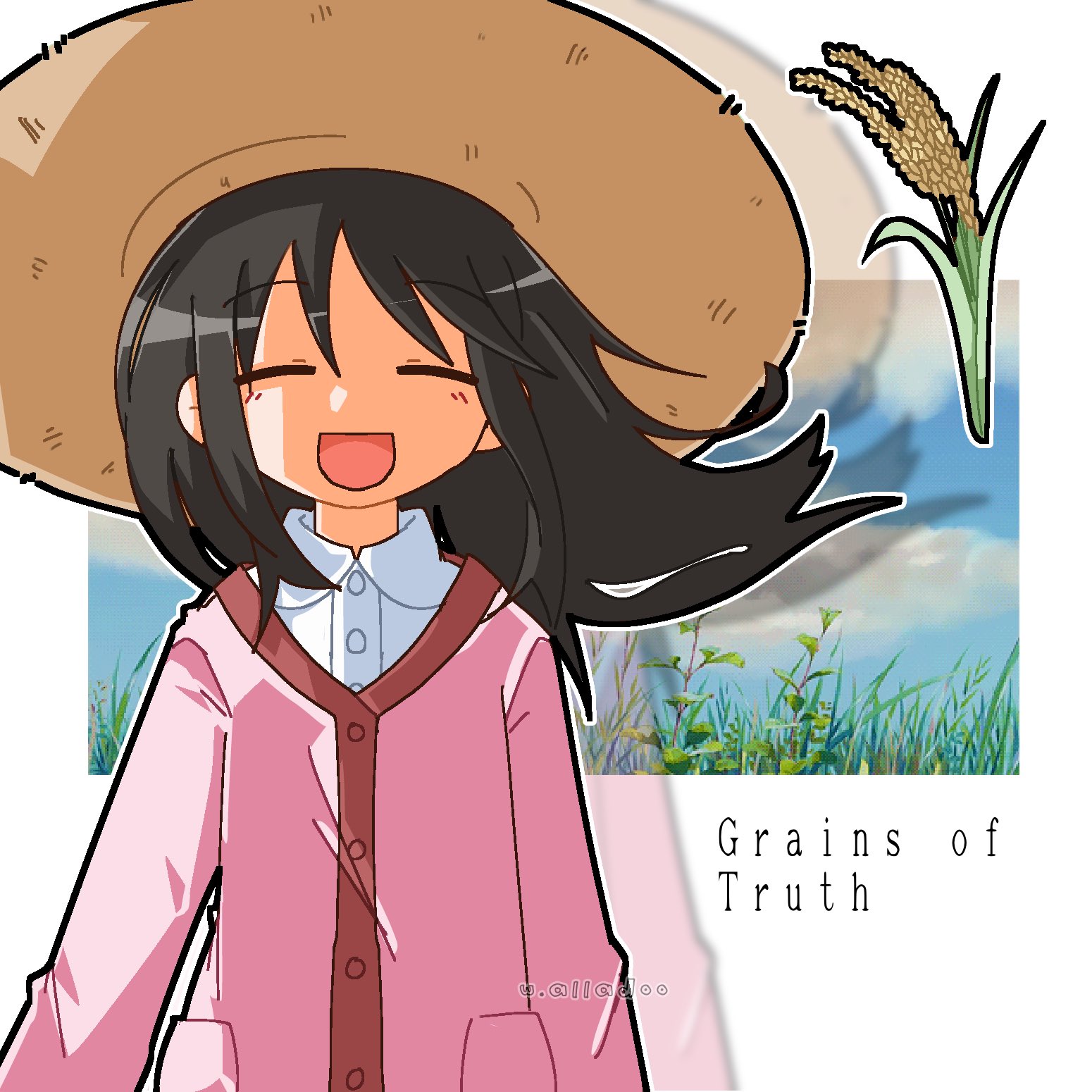 thea (w alladoo), kasuga ayumu, azumanga daiou, highres, 1girl, :d, artist name, black hair, buttons, cardigan, closed eyes, collared shirt, english text, hat, large hat, long hair, open mouth, outline, pink cardigan, rounded collar, shirt, smile, solo, straw hat, upper body, wheat, white outline