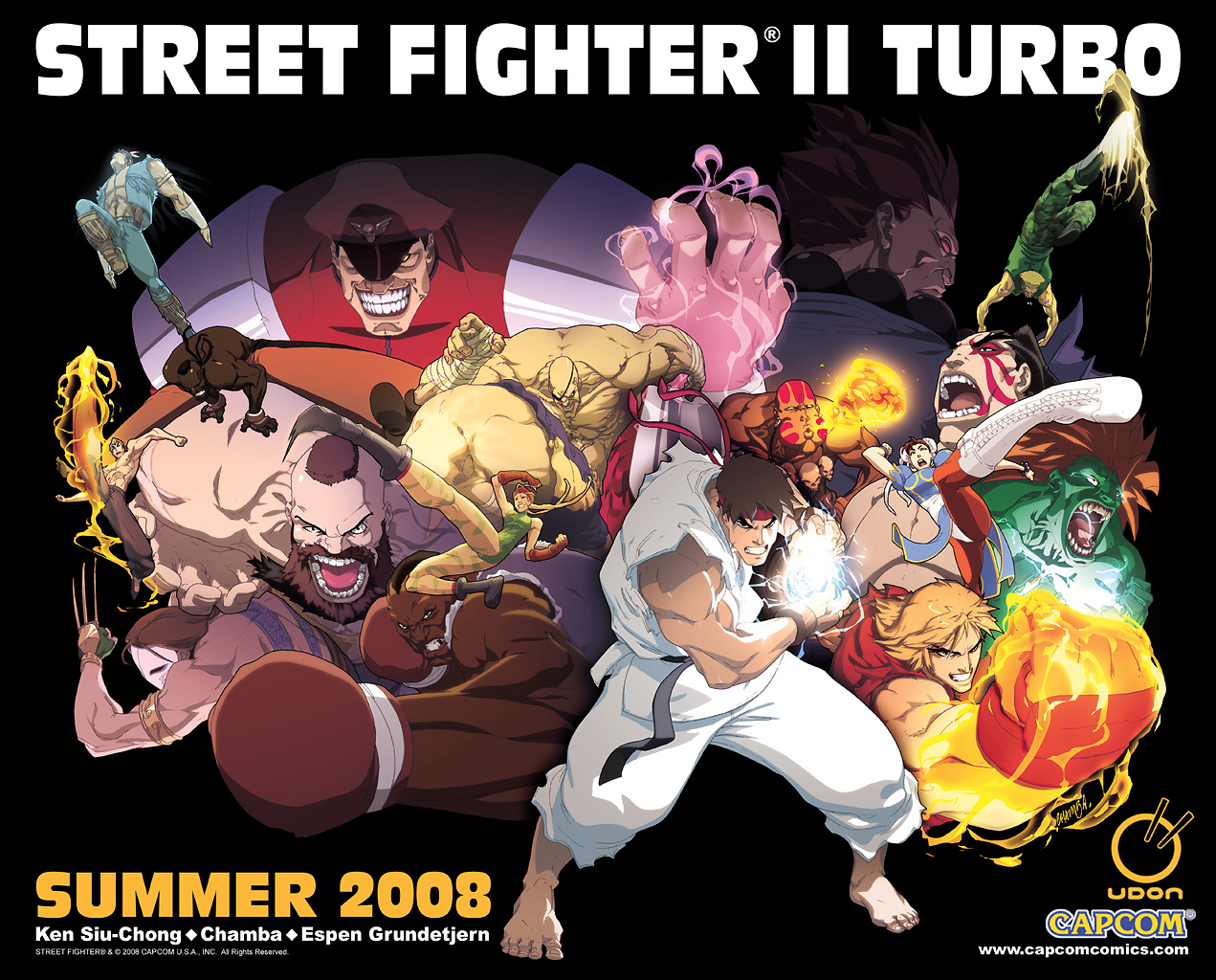 chamba, udon entertainment, akuma (street fighter), balrog (street fighter), blanka, cammy white, chun-li, dee jay, dhalsim, e. honda, fei long, guile, ken masters, m. bison, ryu (street fighter), sagat, thunder hawk, vega (street fighter), zangief, capcom, street fighter, street fighter ii (series), 1990s (style), 2girls, 6+boys, bandages, bare shoulders, barefoot, beard, black background, bodypaint, boots, boxing gloves, braid, camouflage, china dress, chinese clothes, claws, clenched hand, colored skin, dress, everyone, eyepatch, facepaint, facial hair, feet, fighting stance, fire, food, glowing, green skin, grin, hadouken, hat, headband, jewelry, kicking, leotard, mask, mexico, multiple boys, multiple girls, muscular, native american, necklace, noodles, pantyhose, retro artstyle, shouryuuken, simple background, skull necklace, smile, twin braids, udon, uppercut