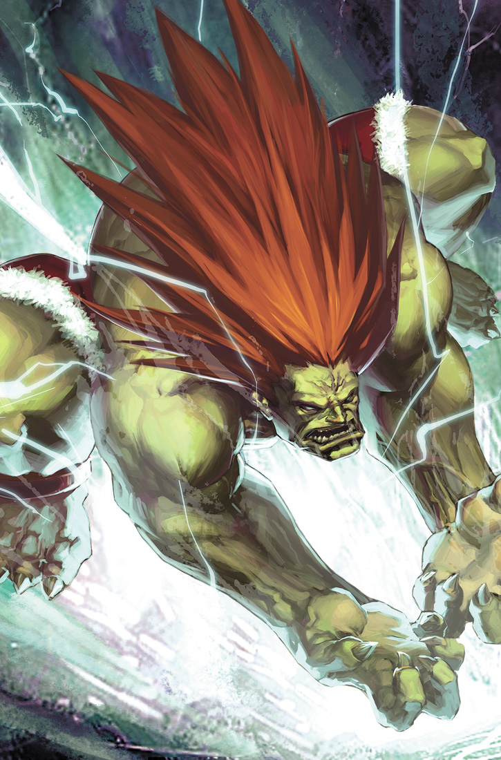 blanka, capcom, street fighter, 1boy, colored skin, electricity, fingernails, green skin, long hair, male focus, monster, orange hair, sharp fingernails, shorts, solo, spiked hair