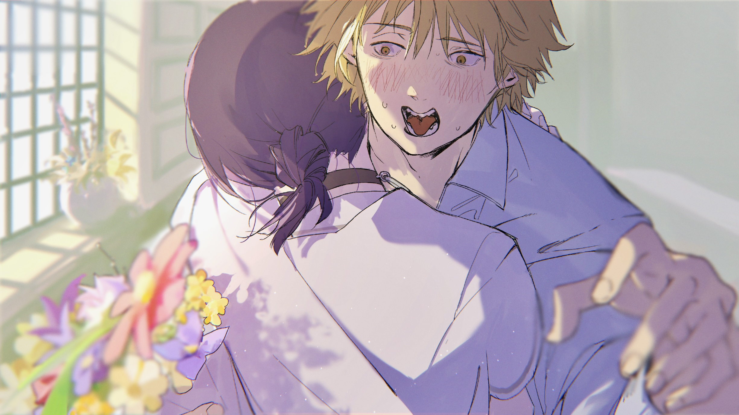 railgun1mikoto22, denji (chainsaw man), reze (chainsaw man), chainsaw man, highres, 1boy, 1girl, back, black choker, blonde hair, choker, collared shirt, embarrassed, hug, muntins, nape, open mouth, purple hair, shirt, sweat, upper body, vase, white shirt