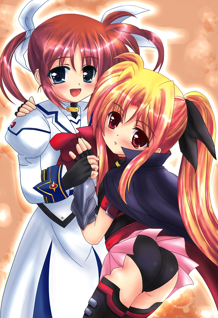 shaian, fate testarossa, fate testarossa (lightning form), takamachi nanoha, takamachi nanoha (sacred mode), lyrical nanoha, mahou shoujo lyrical nanoha, mahou shoujo lyrical nanoha a's, 00s, 2girls, ass, blonde hair, blue eyes, brown hair, cape, gloves, hair ribbon, multiple girls, purple eyes, red eyes, ribbon, thighhighs, twintails