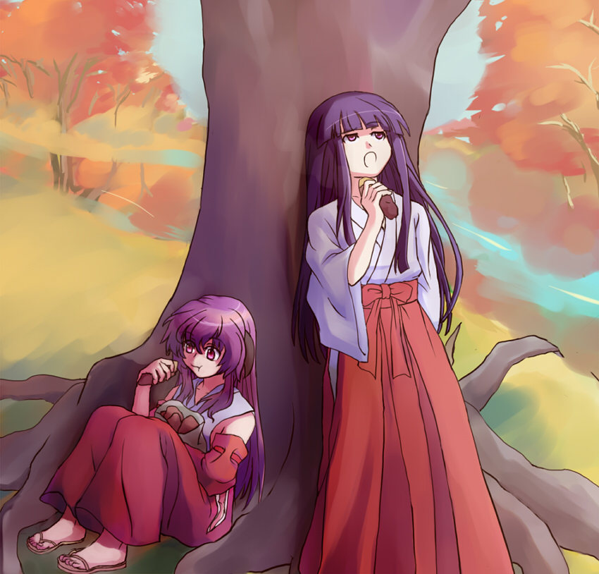 iiru, furude rika, hanyuu, higurashi no naku koro ni, bad id, bad pixiv id, 00s, 2girls, autumn, blue hair, detached sleeves, food, hakama, hakama skirt, horns, japanese clothes, miko, multiple girls, purple eyes, purple hair, red hakama, sandals, sitting, skirt, sweet potato, tree