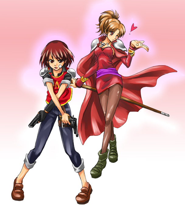 akogi, omone ko (a kogi), cheryl (arc the lad), marsia (arc the lad), arc the lad, arc the lad iii, brown legwear, bad id, bad pixiv id, 2girls, bandages, blowing kiss, blush, brown hair, cape, denim, dual wielding, gun, handgun, heart, holding, jeans, long hair, looking at viewer, multiple girls, orange eyes, orange hair, pants, pantyhose, pistol, ponytail, red eyes, red hair, short hair, shoulder pads, standing, weapon, wink, x arms