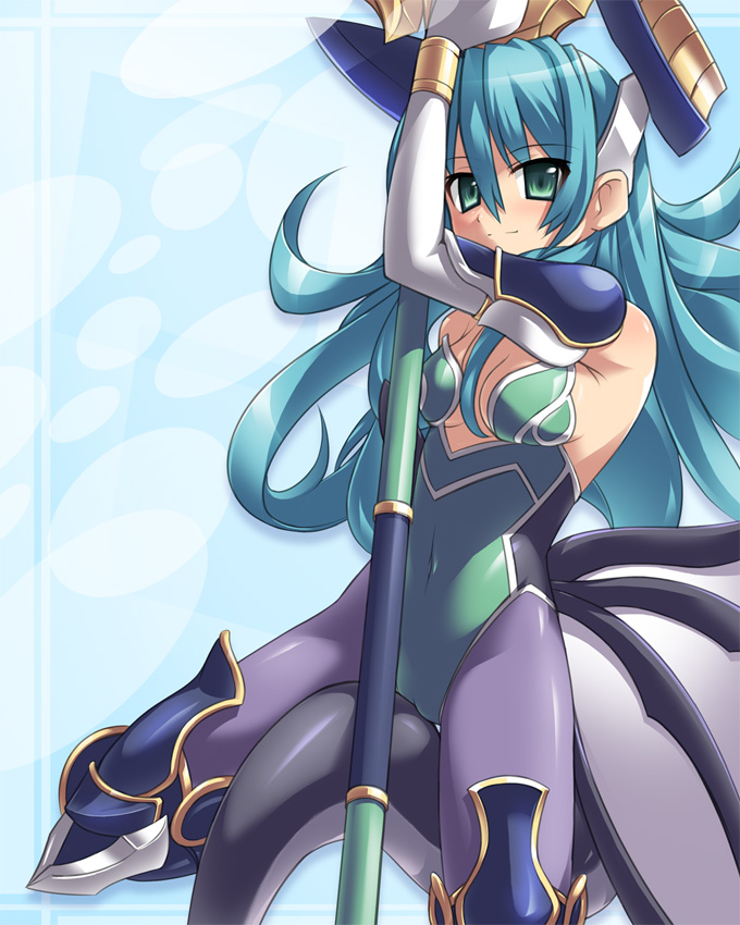 katami shinta, kurea, kurea (shinrabanshou), shinrabanshou, 1girl, blue hair, female focus, leotard, long hair, solo, staff, tail
