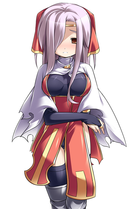 katami shinta, original, character request, source request, 1girl, black thighhighs, blush, breasts, bridal gauntlets, brown eyes, circlet, female focus, hair over one eye, japanese clothes, large breasts, long hair, panties, pantyshot, purple hair, solo, thighhighs, underwear