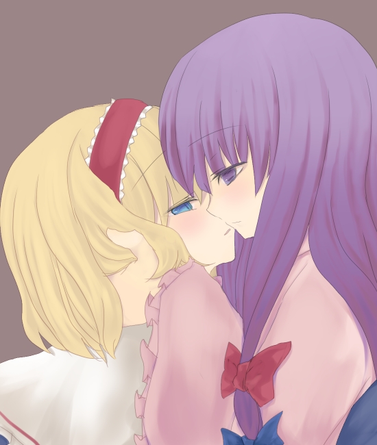am-s, alice margatroid, patchouli knowledge, touhou, bad id, bad pixiv id, 2girls, blonde hair, blue eyes, blush, eye contact, female focus, hair ribbon, hairband, hand on another's head, imminent kiss, kiss, long hair, looking at another, multiple girls, purple eyes, purple hair, ribbon, short hair, yuri
