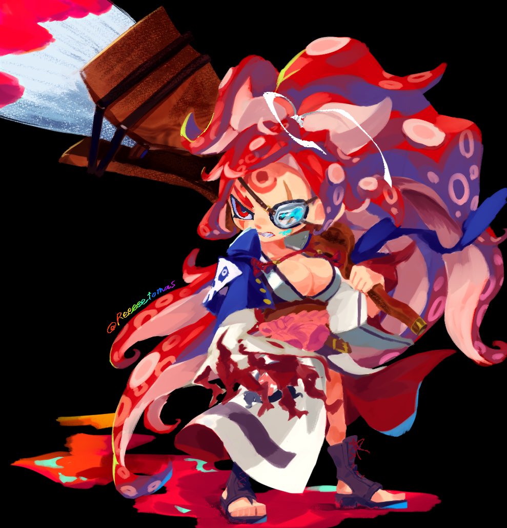 reeeeetomasssss, baiken, inkling girl, inkling player character, guilty gear, guilty gear strive, nintendo, splatoon (series), 1girl, amputee, big hair, breasts, cleavage, eyepatch, facial tattoo, inkling, japanese clothes, kimono, large breasts, long hair, one-eyed, open clothes, open kimono, paintbrush, parody, ponytail, red eyes, scar, scar across eye, scar on face, style parody, tattoo, tentacle hair, tsurime