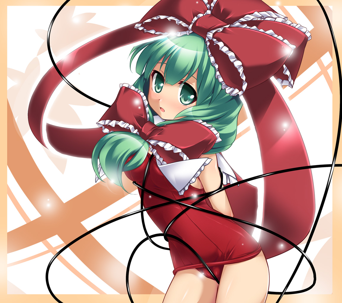 katami shinta, kagiyama hina, touhou, 1girl, female focus, front ponytail, green hair, long hair, one-piece swimsuit, red one-piece swimsuit, ribbon, school swimsuit, solo, swimsuit