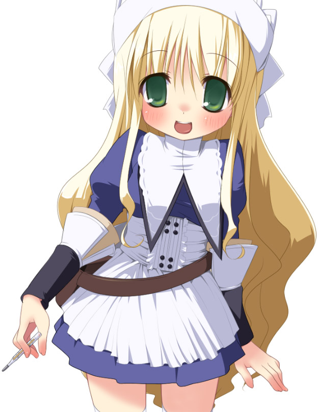 wazawogi (wzog), fantasy earth, fantasy earth zero, non-web source, 1girl, :d, blonde hair, blue dress, blush, breasts, corset, cowboy shot, dress, green eyes, hat, holding, holding thermometer, long hair, long sidelocks, looking at viewer, medium breasts, nurse, open hand, open mouth, puffy short sleeves, puffy sleeves, sailor collar, short sleeves, sidelocks, simple background, smile, solo, standing, tareme, thermometer, very long hair, very long sidelocks, wavy hair, white background, white corset, white hat, white sailor collar