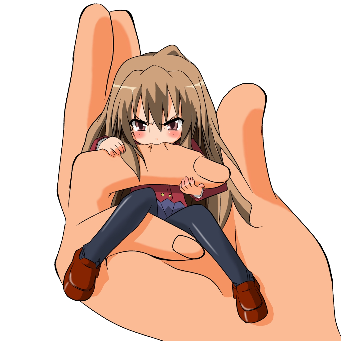 naz (garyuuya), aisaka taiga, toradora!, biting finger, bad id, bad pixiv id, 00s, 1girl, angry, biting, blush, brown eyes, brown hair, female focus, holding, holding mini person, long hair, male hand, mini person, minigirl, school uniform, serafuku, simple background, solo, thighhighs