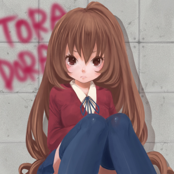 kumatani, aisaka taiga, toradora!, bad id, bad pixiv id, 00s, 1girl, brown eyes, brown hair, female focus, long hair, school uniform, serafuku, sitting, solo, thighhighs, zettai ryouiki