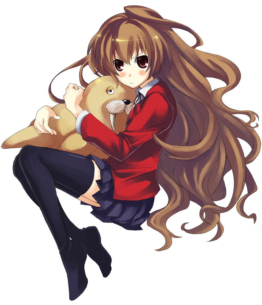 kaeru (pixiv242715), mushi kei, aisaka taiga, toradora!, 00s, 1girl, brown eyes, brown hair, female focus, full body, long hair, school uniform, serafuku, simple background, solo, stuffed animal, stuffed toy, thighhighs, zettai ryouiki