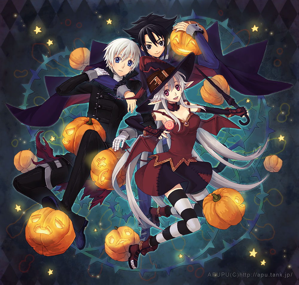 apupu, apupu (artist), original, 1girl, 2boys, artist name, black hair, blue eyes, candy, elbow gloves, elf, food, gloves, halloween, hat, jack-o'-lantern, lollipop, multiple boys, pointy ears, pumpkin, red eyes, star (symbol), striped clothes, striped thighhighs, swirl lollipop, thighhighs, umbrella, watermark, web address, white hair, witch, witch hat, zettai ryouiki