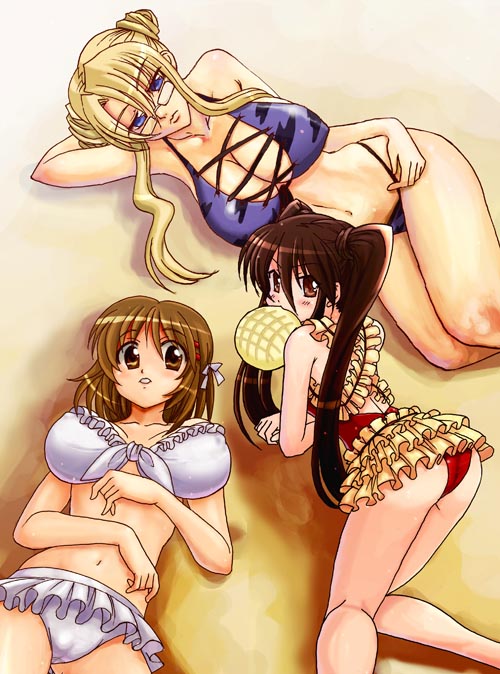 hamoto, margery daw, shana, yoshida kazumi, shakugan no shana, non-web source, 00s, 3girls, all fours, ass, beach, bikini, black hair, blonde hair, blue eyes, bread, breasts, brown eyes, brown hair, cameltoe, covered erect nipples, food, frilled bikini, frills, glasses, laceups, large breasts, long hair, lying, melon bread, multiple girls, short hair, swimsuit, twintails