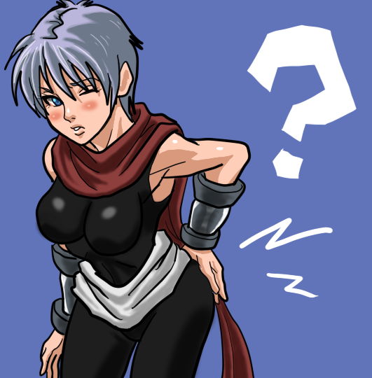 ike ko, shu (arc the lad), arc the lad, arc the lad ii, hand on ass, gender request, 1girl, ?, blue background, blush, breasts, female focus, genderswap, large breasts, looking at viewer, one eye closed, pain, simple background, solo