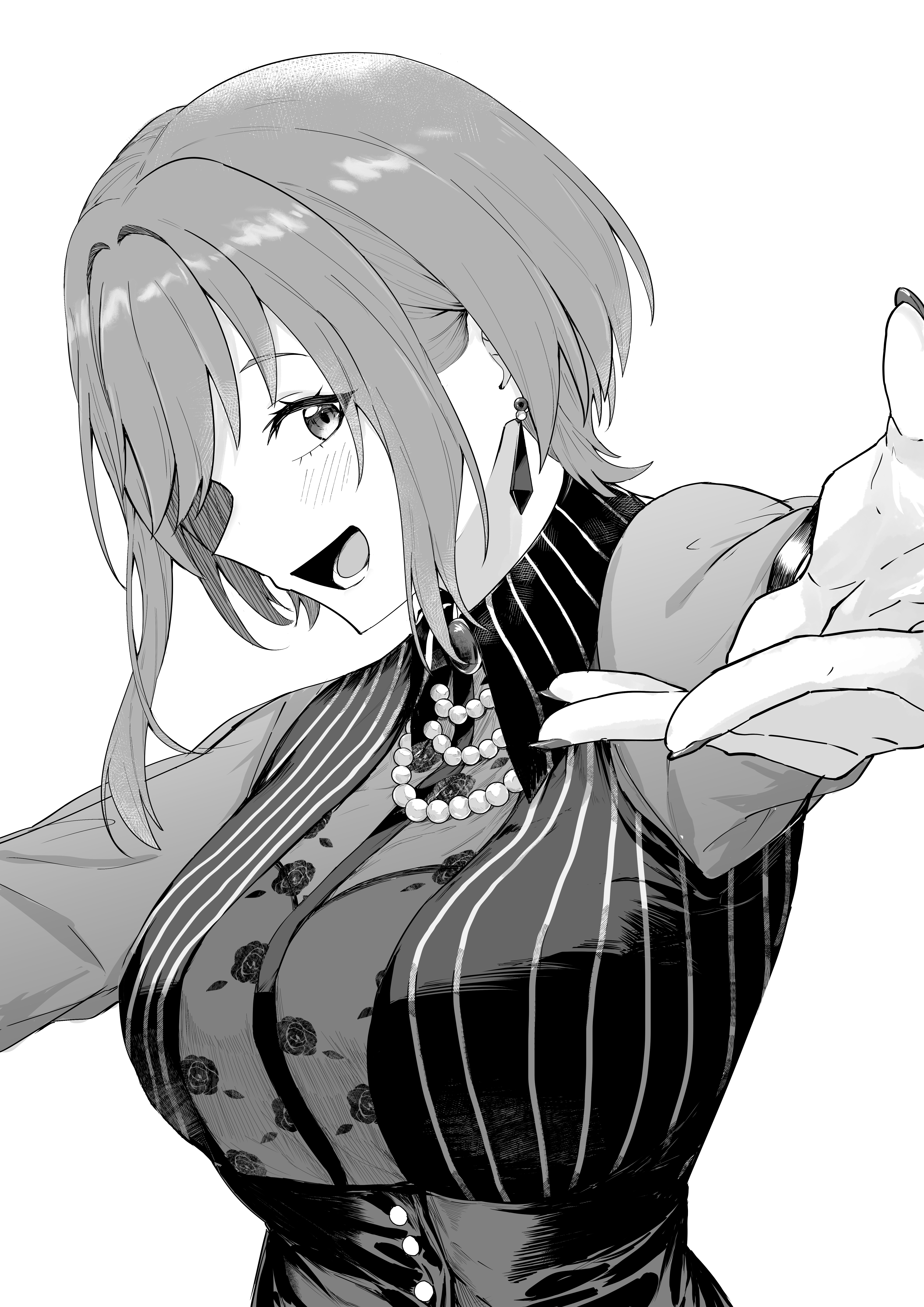 hanetsuka, amoris (bang dream!), yuutenji nyamu, bang dream!, bang dream! it's mygo!!!!!, absurdres, commentary request, highres, 1girl, blush, breasts, brooch, earrings, greyscale, jewelry, large breasts, long hair, looking at viewer, monochrome, open mouth, short hair, sidelocks, simple background, solo, vest, white background