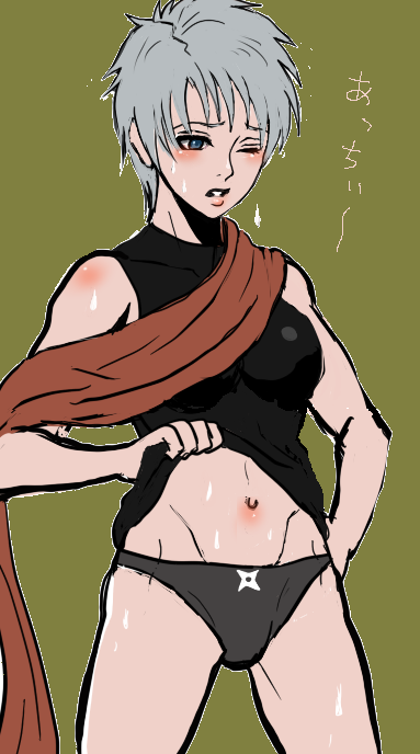ike ko, shu (arc the lad), arc the lad, arc the lad ii, silver hair, gender request, 1girl, bare shoulders, blush, cowboy shot, female focus, genderswap, green background, hand on own hip, midriff, navel, simple background, skin tight, solo, standing, stomach