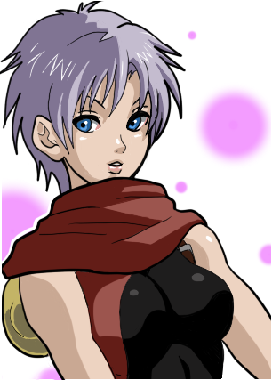 ike ko, shu (arc the lad), arc the lad, arc the lad ii, gender request, lowres, 1girl, :d, bare shoulders, blush, female focus, genderswap, heart, looking at viewer, open mouth, red scarf, scarf, shirt, simple background, skin tight, sleeveless, sleeveless shirt, smile, solo, taut clothes, upper body, white background