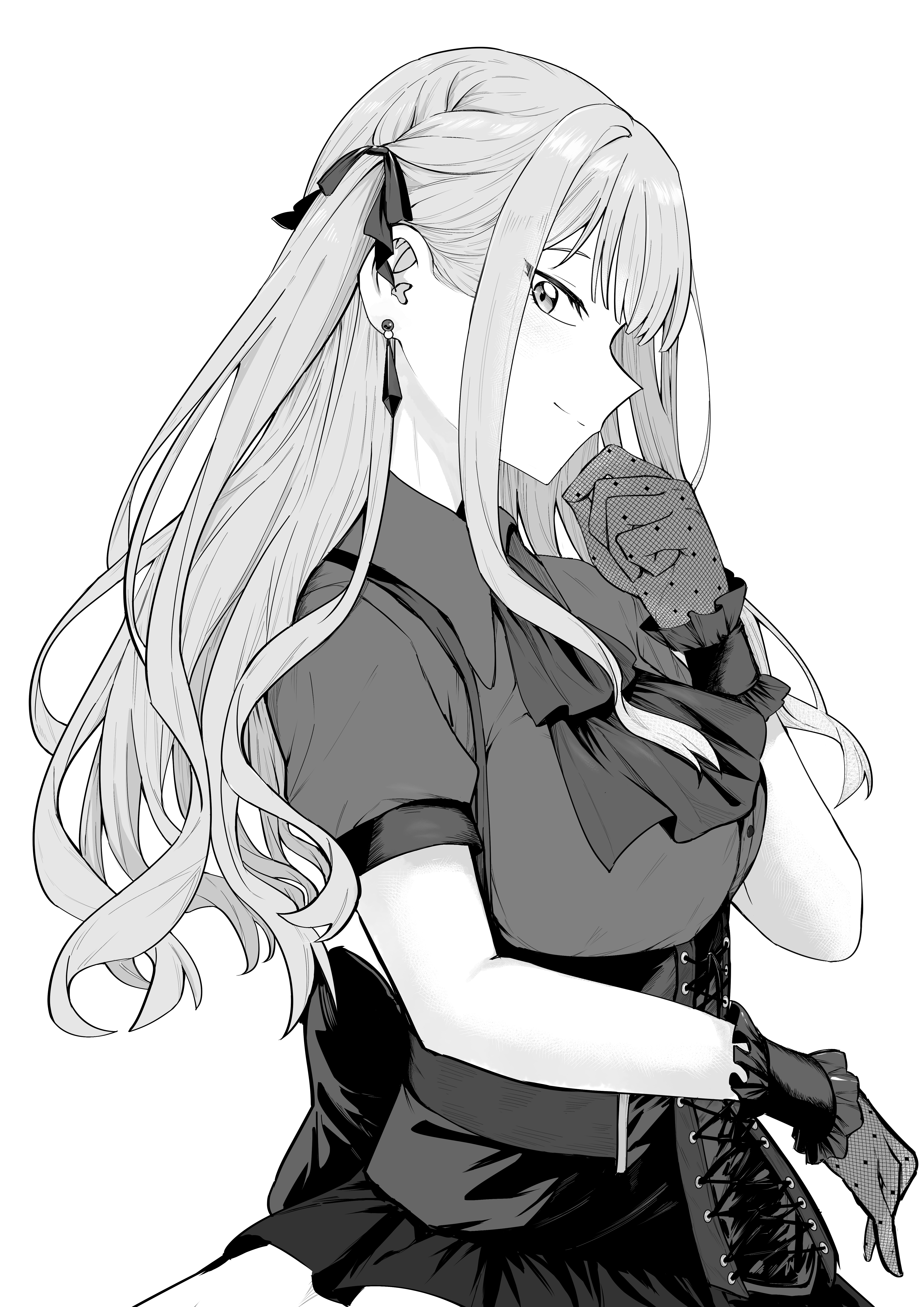 hanetsuka, oblivionis (bang dream!), togawa sakiko, bang dream!, bang dream! it's mygo!!!!!, absurdres, commentary request, highres, 1girl, breasts, closed mouth, corset, earrings, gloves, greyscale, hair ribbon, jewelry, large breasts, long hair, monochrome, ribbon, short sleeves, sidelocks, simple background, solo, white background