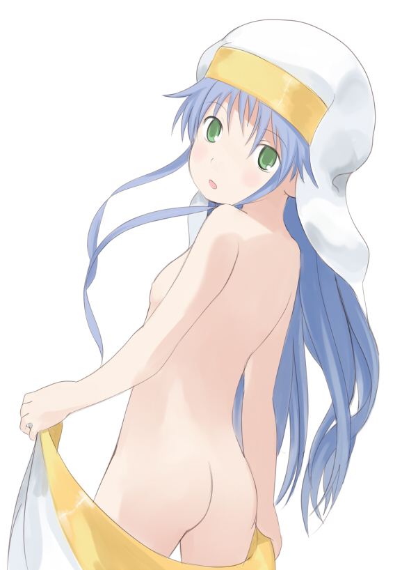 enoki p, index (toaru majutsu no index), toaru majutsu no index, bad id, bad pixiv id, 00s, ass, blue hair, butt crack, flat chest, from behind, green eyes, loli, long hair, nipples, nun, solo, undressing