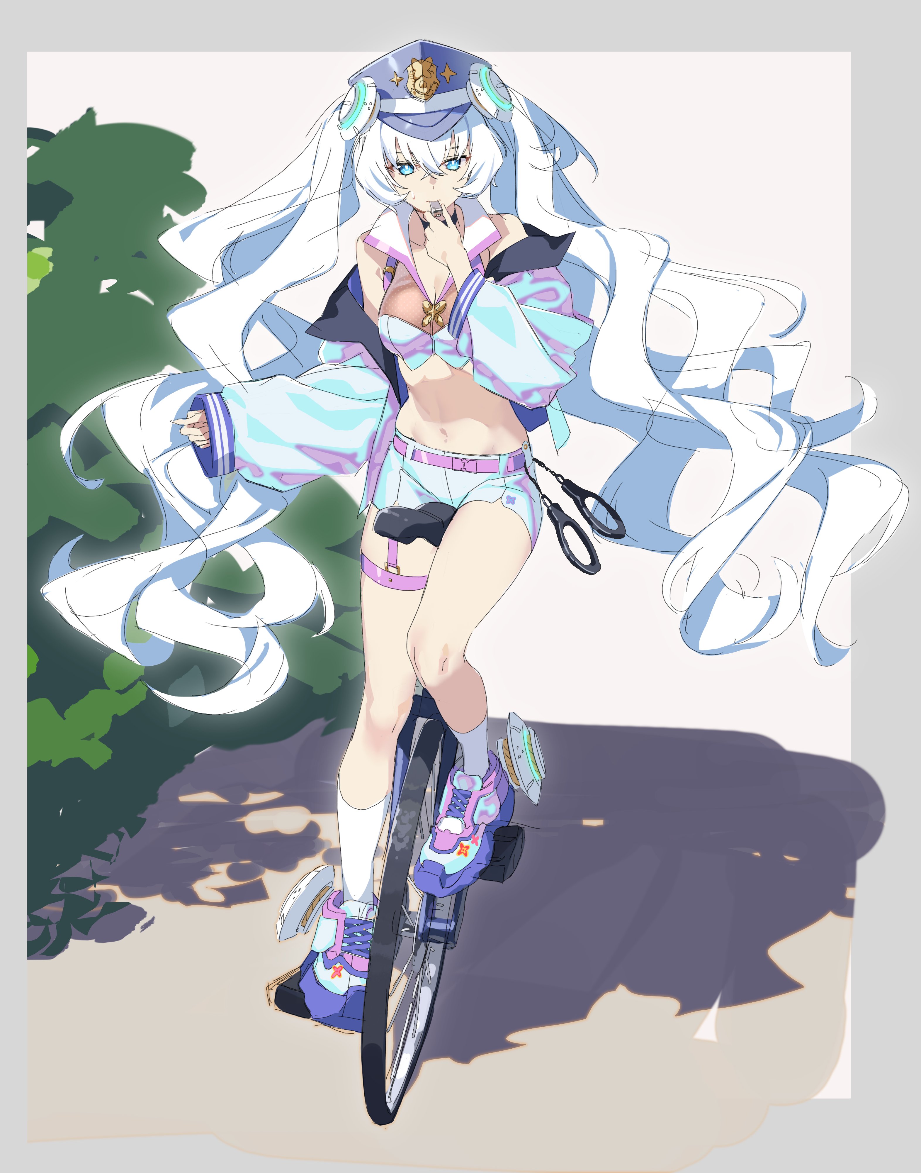 controlline3, horizon (counter:side), counter:side, absurdres, commentary, highres, symbol-only commentary, unfinished, 1girl, alternate costume, bare shoulders, belt, black choker, blowing whistle, blue eyes, blue hat, breasts, choker, cleavage, crop top, cuffs, handcuffs, hat, iridescent, iridescent jacket, jacket, long hair, looking at viewer, medium breasts, midriff, navel, off shoulder, open clothes, open jacket, peaked cap, police hat, shirt, shoes, short shorts, shorts, sleeveless, sleeveless shirt, sneakers, socks, solo, stomach, sweatdrop, thigh strap, thighs, twintails, unicycle, very long hair, whistle, white hair, white jacket, white shirt, white shorts, white socks