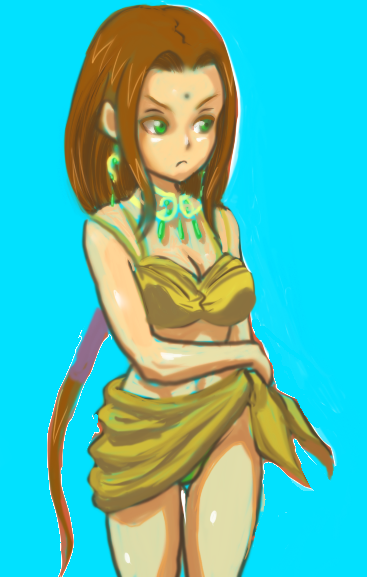 ike ko, sania, sania (arc the lad), arc the lad, arc the lad ii, looking away, 1girl, bikini, bindi, brown hair, earrings, female focus, frown, green eyes, jewelry, long hair, necklace, ponytail, sarong, simple background, solo, swimsuit, very long hair