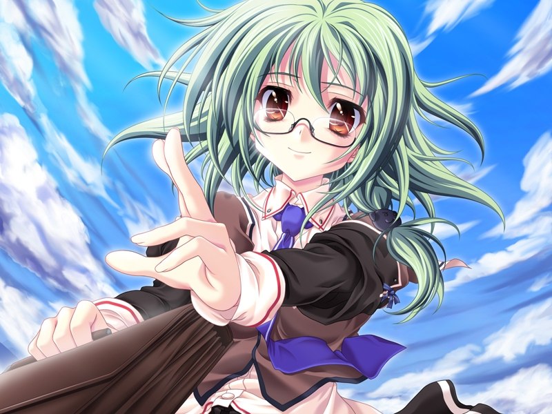 miyama-zero, kayou chisato, kanojo tachi no ryuugi, game cg, non-web source, 1girl, bag, brown eyes, female focus, glasses, green hair, school uniform, serafuku, short hair, sky, solo