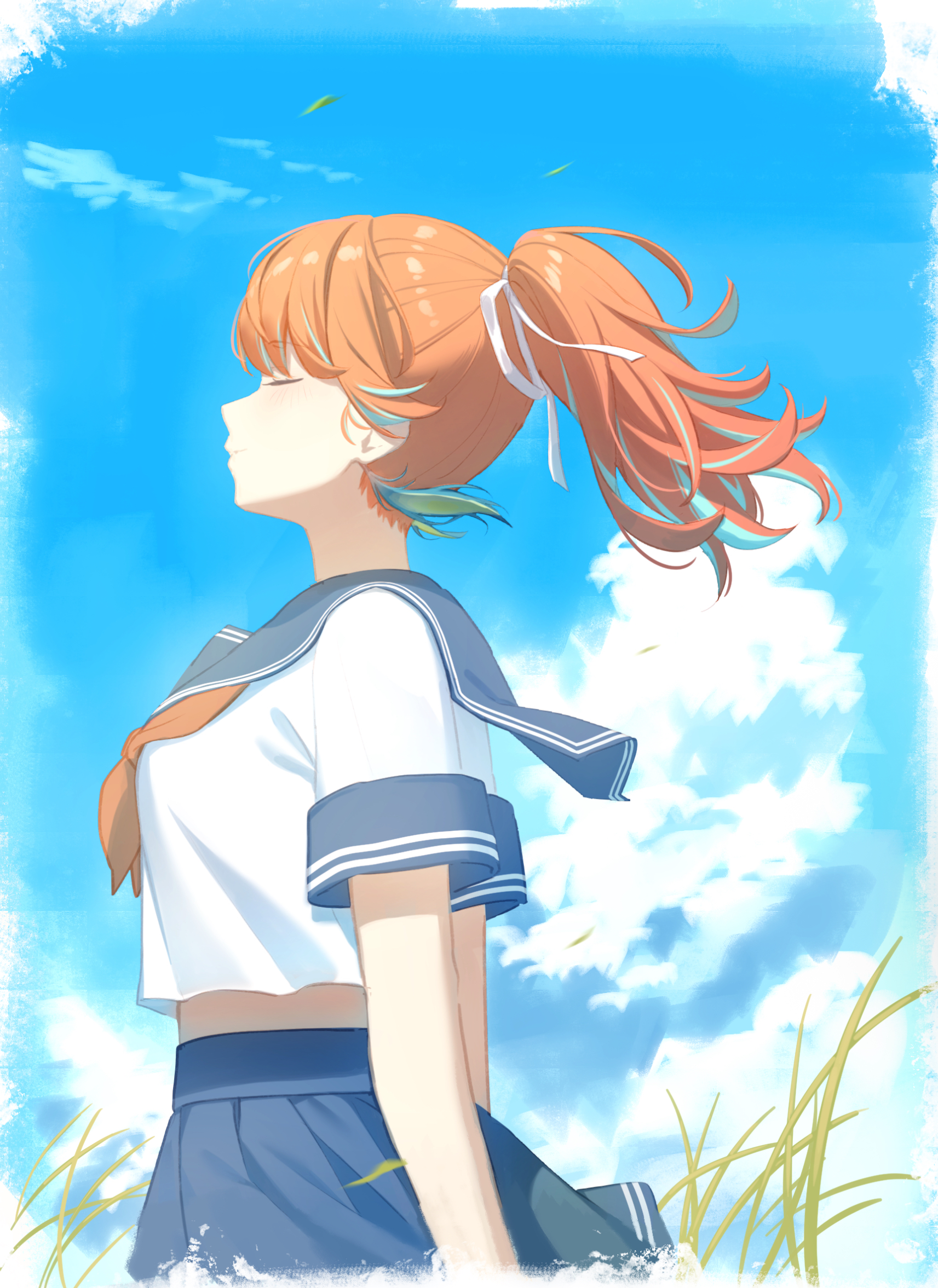 resu desu, takanashi kiara, hololive, hololive english, commentary, highres, symbol-only commentary, 1girl, alternate costume, blue sailor collar, blue skirt, blue sky, closed eyes, closed mouth, cloud, colored inner hair, cropped shirt, day, from side, gradient hair, green hair, multicolored hair, neckerchief, orange hair, outdoors, pleated skirt, ponytail, red neckerchief, sailor collar, school uniform, serafuku, shirt, short hair, short sleeves, skirt, sky, solo, virtual youtuber, white shirt
