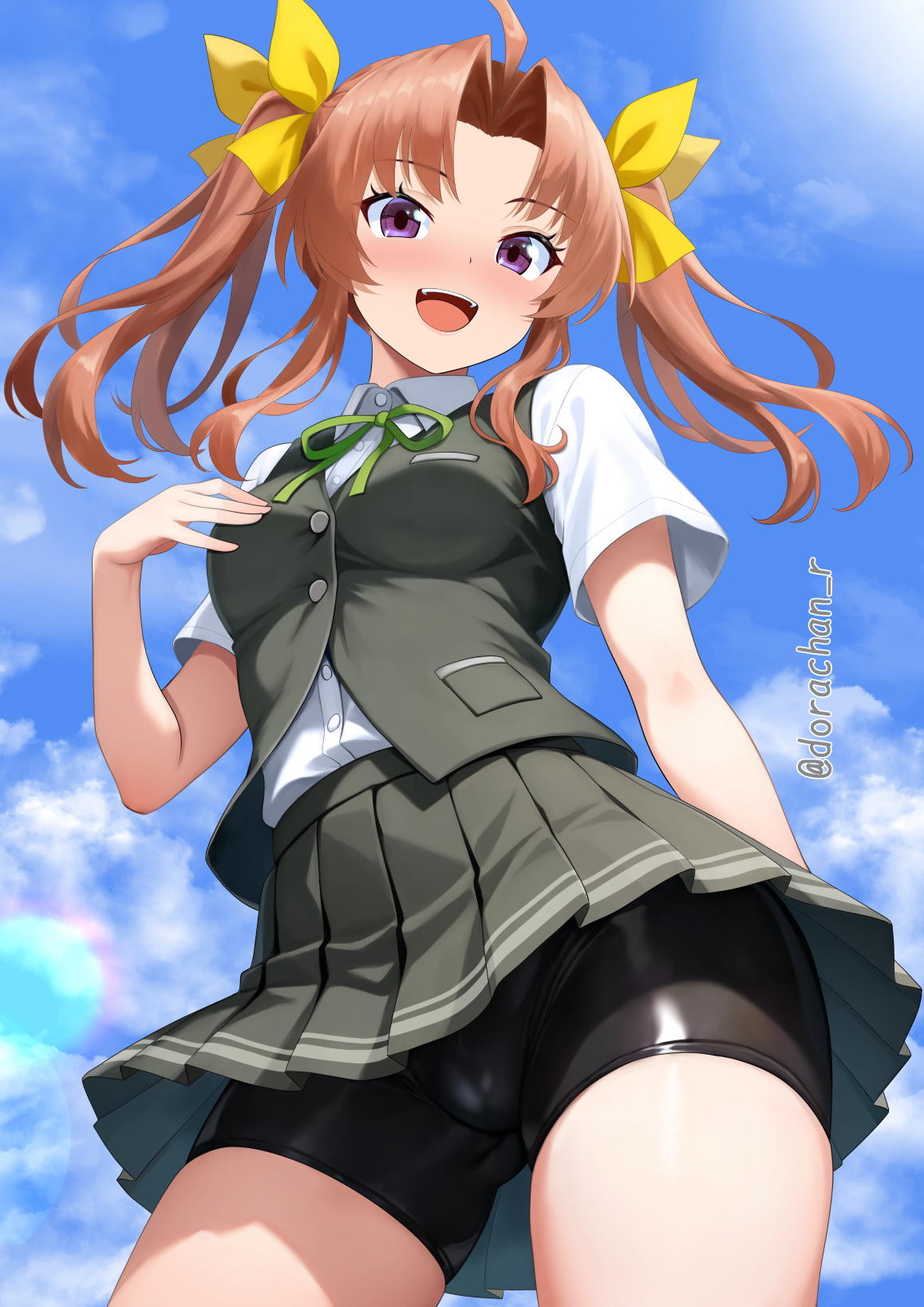 dorachan r, kagerou (kancolle), kantai collection, highres, 1girl, ahoge, bike shorts, bike shorts under skirt, breasts, brown hair, cloud, cloudy sky, collared shirt, from below, gluteal fold, groin tendon, long hair, looking at viewer, medium breasts, one side up, open mouth, pleated skirt, purple eyes, shirt, short sleeves, skindentation, skirt, sky, solo, standing, teeth, twintails, upper teeth only, vest, white shirt