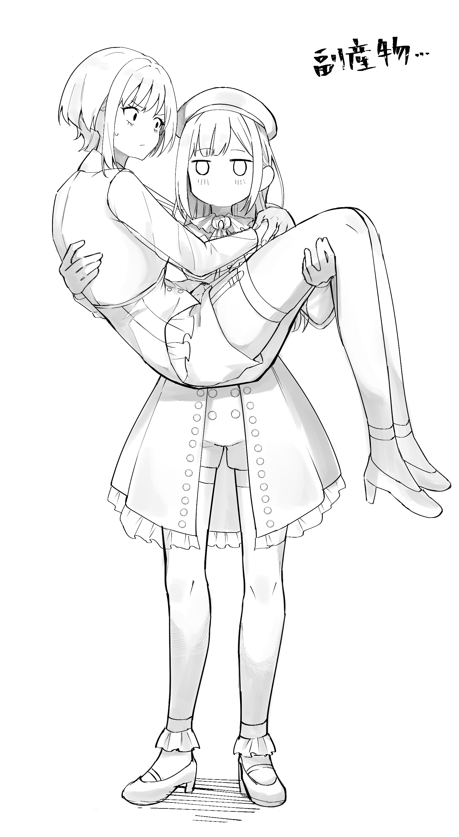 hanetsuka, amoris (bang dream!), mortis (bang dream!), mortis (costume) (bang dream!), wakaba mutsumi, yuutenji nyamu, bang dream!, bang dream! it's mygo!!!!!, absurdres, commentary, highres, translation request, 2girls, carrying, carrying person, closed mouth, garter straps, greyscale, long hair, long sleeves, monochrome, multiple girls, shoes, shorts, shorts under skirt, showgirl skirt, simple background, skirt, standing, sweatdrop, thighhighs, white background