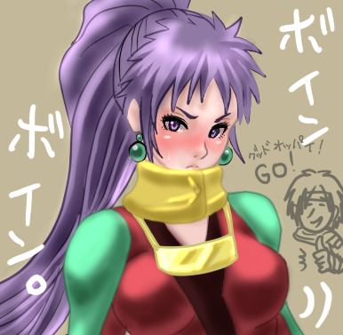ike ko, kukuru (arc the lad), arc the lad, arc the lad i, beige background, lowres, 1girl, blush, breasts, covered mouth, earrings, female focus, green eyes, jewelry, large breasts, long hair, looking at viewer, purple hair, simple background, solo, turtleneck, very long hair