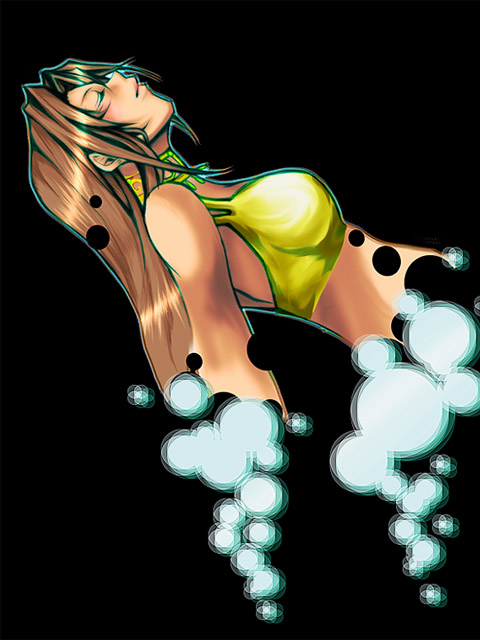 sania, sania (arc the lad), satomi akira, arc the lad, arc the lad ii, 1girl, bare shoulders, bikini, bikini top only, black background, breasts, brown hair, falling, female focus, from side, profile, simple background, solo, swimsuit, yellow bikini