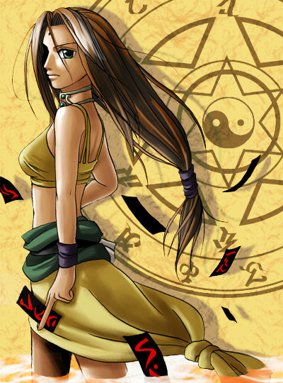 tsukishiro aoi (s s moon), sania, sania (arc the lad), arc the lad, arc the lad ii, 1girl, brown hair, dress, female focus, green eyes, long hair, looking back, low-tied long hair, solo, yellow background, yin yang