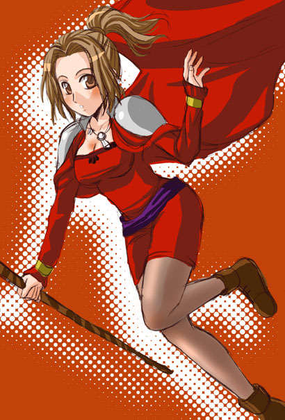 tsukishiro aoi (s s moon), marsia (arc the lad), arc the lad, arc the lad iii, 1girl, ankle boots, belt, blush, boots, breasts, brown eyes, brown hair, cape, cleavage, collarbone, dress, female focus, halftone, halftone outline, high ponytail, jewelry, long sleeves, looking at viewer, medium breasts, orange background, outline, pantyhose, pendant, ponytail, red cape, red dress, short dress, short ponytail, simple background, solo, staff