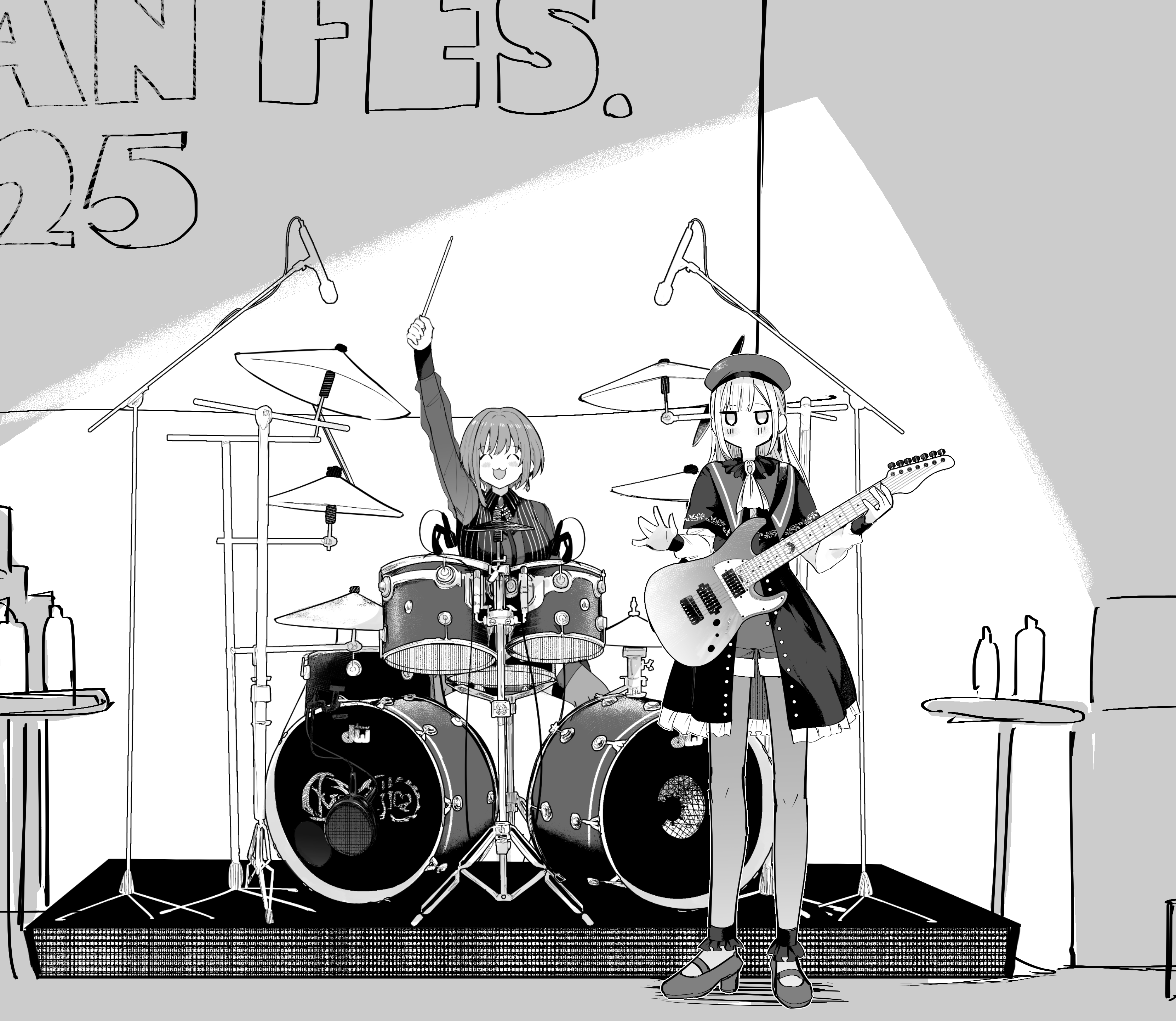 hanetsuka, amoris (bang dream!), mortis (bang dream!), mortis (costume) (bang dream!), wakaba mutsumi, yuutenji nyamu, bang dream!, bang dream! it's mygo!!!!!, absurdres, commentary request, highres, textless version, 2girls, 7-string guitar, :3, ^ ^, beret, breasts, capelet, closed eyes, drum, drum set, extended range guitar, guitar, hat, instrument, large breasts, long sleeves, multiple girls, pantyhose, pantyhose under shorts, shoes, shorts, shorts under skirt, showgirl skirt, sitting, standing, thighhighs, waving