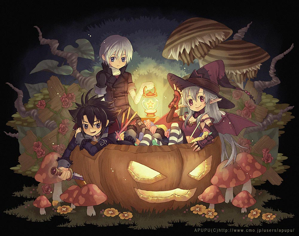 apupu, apupu (artist), original, silver hair, 1girl, 2boys, artist name, blue eyes, elf, flower, halloween, hat, jack-o'-lantern, multiple boys, mushroom, pocky, pointy ears, pumpkin, red eyes, red rose, rose, watermark, web address, witch hat